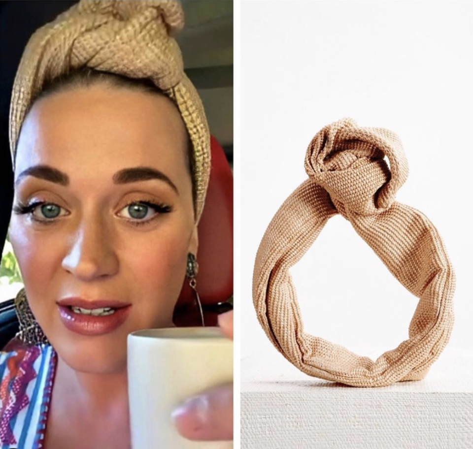 Katy Perry wears the Cult Gaia Turband in Natural during a Facebook live chat. Images via Cult Gaia.