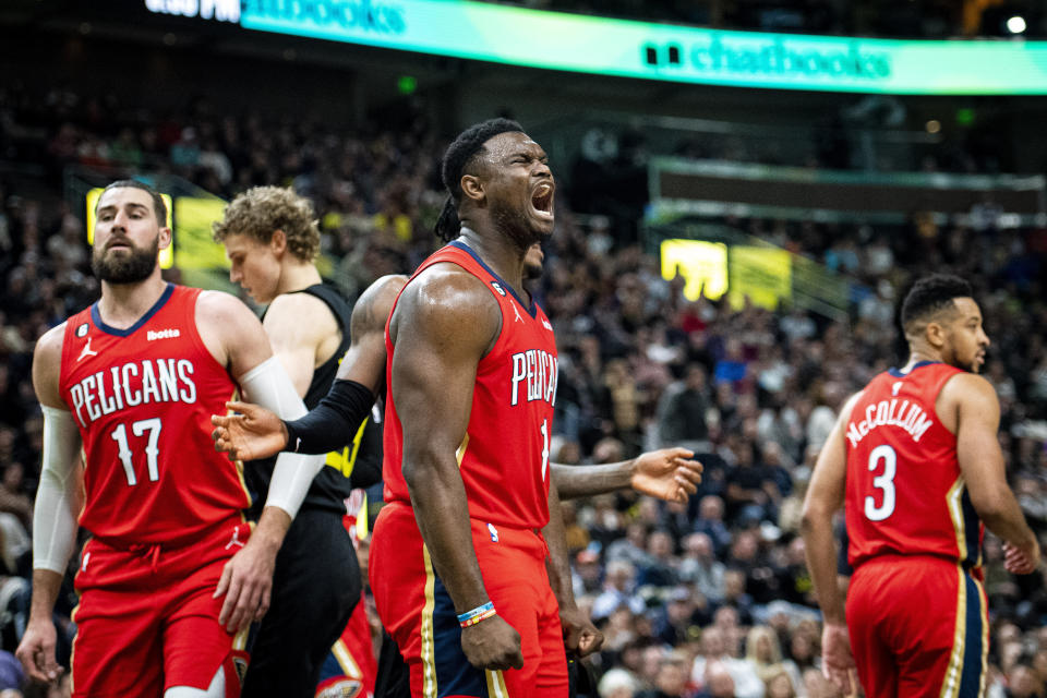 New Orleans Pelicans forward Zion Williamson (1) celebrates his and-one opportunity after being fouled on his made shot against the Utah Jazz in the second half during an NBA basketball game Tuesday, Dec. 13, 2022, in Salt Lake City. (AP Photo/Isaac Hale)