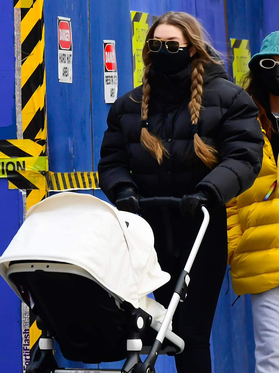 Gigi Hadid in New York City on Jan. 11 wearing MasQd Ultra Sport Mask.  (Photo by Raymond Hall/GC Images)