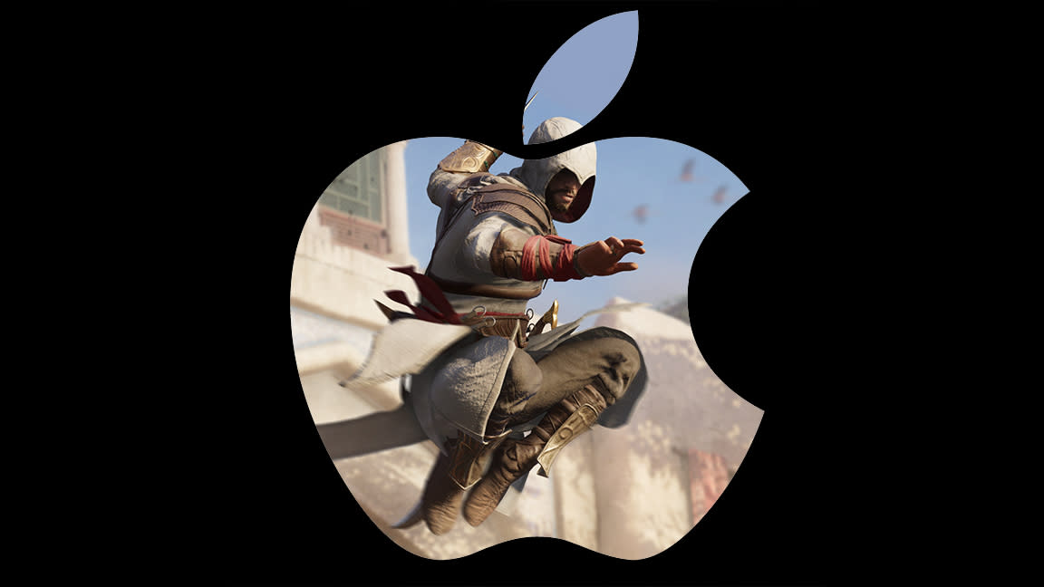  Apple Gaming; a character leaps through an apple logo. 
