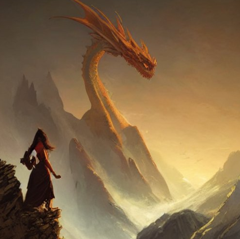 AI generated artwork with the text promt: 'Woman on a mountain with a dragon in the style of Greg Rutkowski'