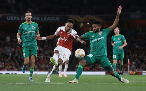 Pierre-Emerick Aubameyang of Arsenal scores their 3rd goal during the UEFA Europa League Group E match between Arsenal and Vorskla Poltava - Credit:  Marc Atkins/Getty Images