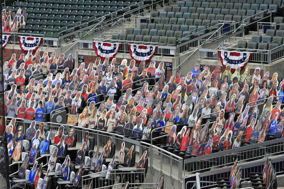 ATLANTA, GA - JULY 29: Cutouts fill the seats around the home plate area before the Braves home opener between the Atlanta Braves and the Tampa Bay Rays on July, 29, 2020 at Truist Park in Atlanta, Georgia.   (Photo by David John Griffin/Icon Sportswire via Getty Images)