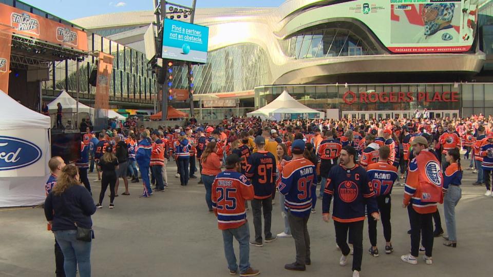 Edmonton Oilers fans fill the Ice District outside Rogers Place ahead of Game 7 against the Los Angeles Kings.