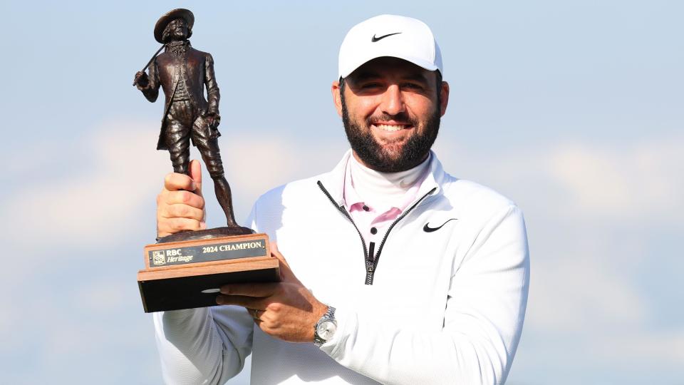 Scottie Scheffler celebrates winning the 2024 RBC Heritage tournament in South Carolina