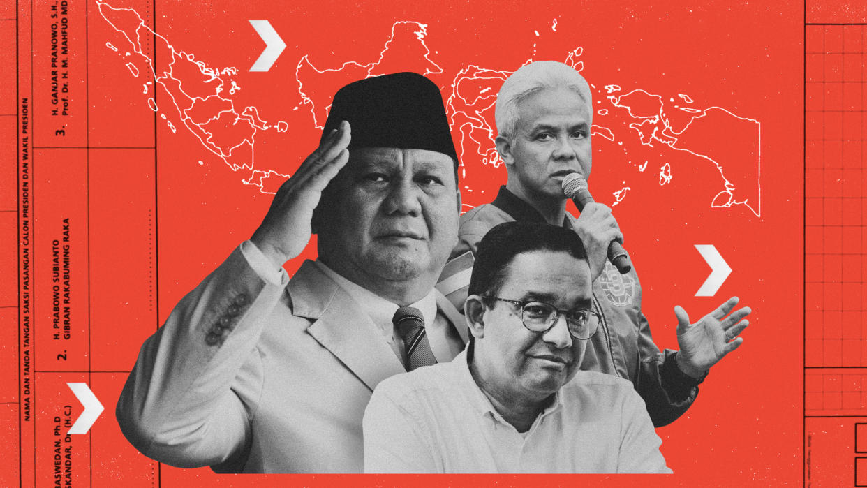  Photo composite of Prabowo Subianto, Anies Baswedan, Ganjar Pranowo, voting forms and a map of Indonesia. 