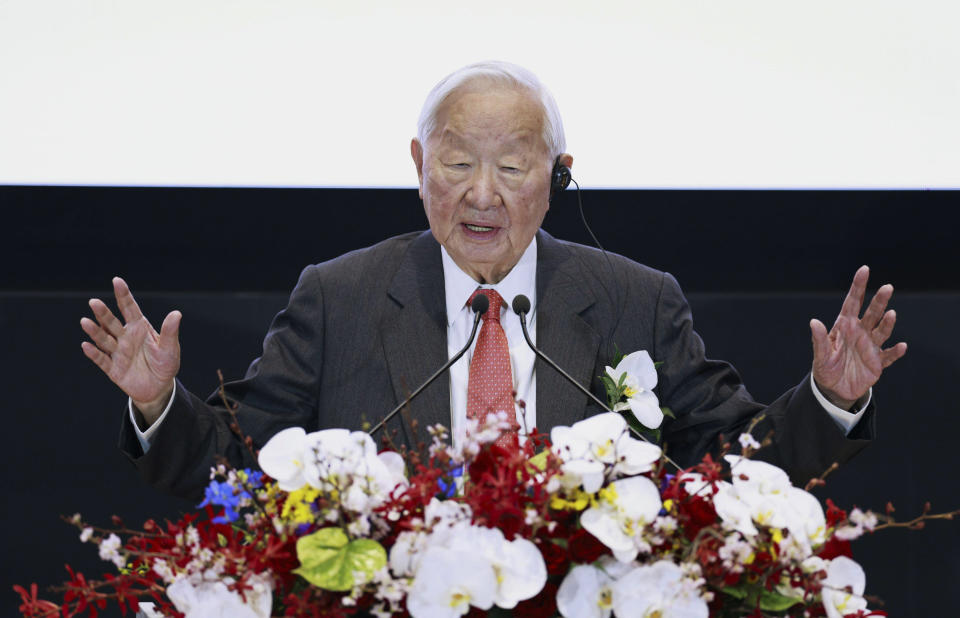 Morris Chang, founder of Taiwan Semiconductor Manufacturing Co. (TSMC), speaks during an official opening ceremony for its first semiconductor plant in Japan as part of its ongoing global expansion, in Kikuyo town, a suburb of Kumamoto, southwestern Japan, Saturday, Feb. 24, 2024. Japan Advanced Semiconductor Manufacturing (JASM) is set to be up and running later this year. (Kyodo News via AP)