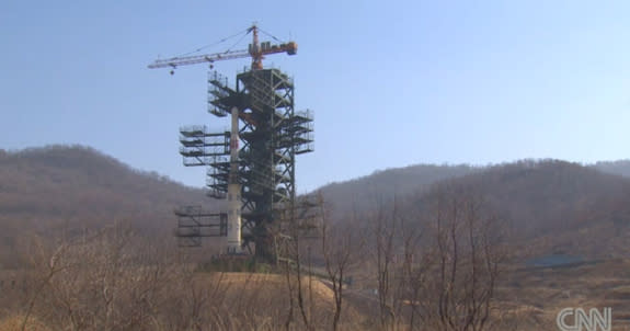 This still from a CNN broadcast shows North Korea's Unha-3 rocket, as the country officials prepared for an attempted satellite launch in April 2012.