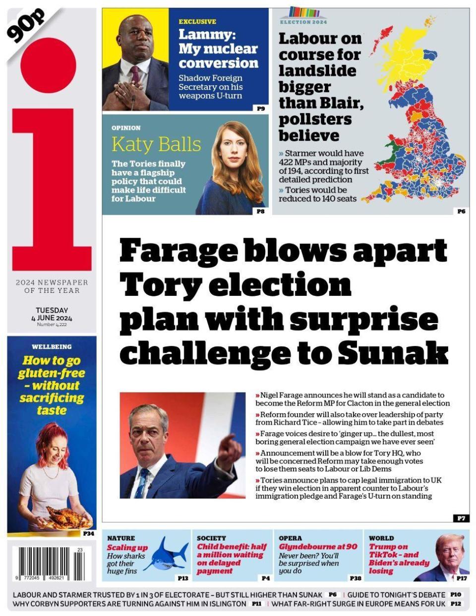 "Farage blows apart Tory election plan, the i paper reports 