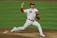 Cincinnati Reds' Tyler Mahle throws during the fifth inning of the team's baseball game against the Chicago White Sox in Cincinnati, Friday, Sept. 18, 2020. (AP Photo/Aaron Doster)