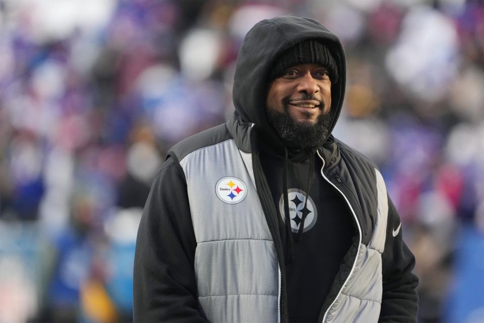 Pittsburgh Steelers head coach Mike Tomlin walks the field before the game against the Buffalo Bills in a 2024 AFC wild card game at Highmark Stadium.