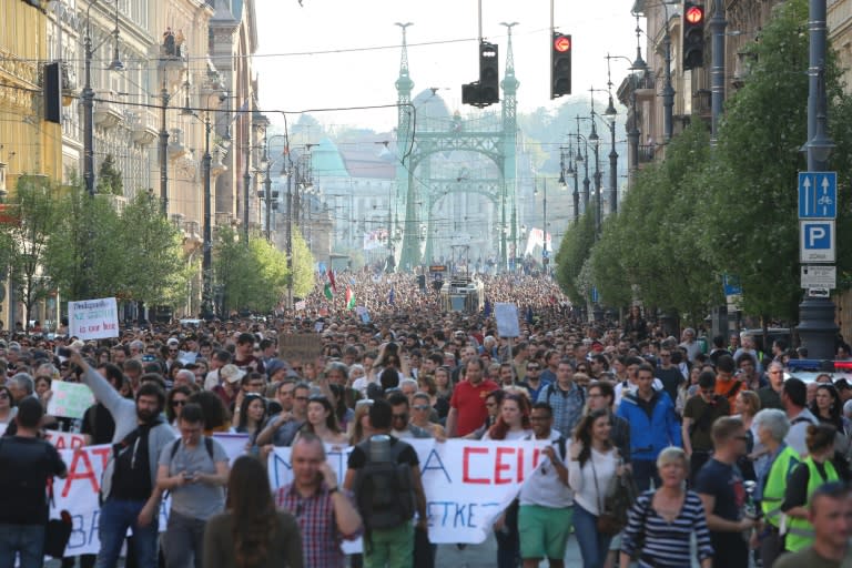 People demonstrate in support of the Central European University (CEU) in Budapest on April 2, 2017, following allegations of the Hungarian Prime Minister that the prestigious university was cheating students by breaking rules