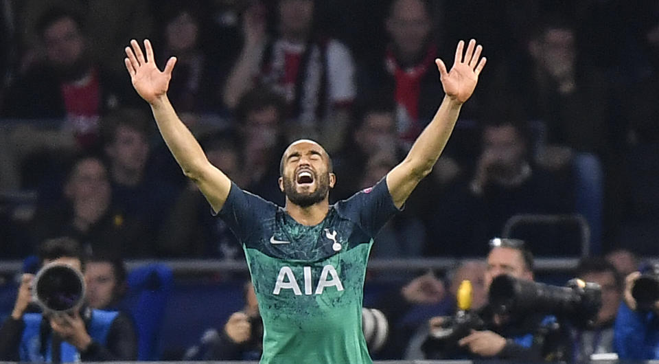 Tottenham's Lucas Moura celebrates after scoring his side's second goal during the Champions League semifinal second leg soccer match between Ajax and Tottenham Hotspur at the Johan Cruyff ArenA in Amsterdam, Netherlands, Wednesday, May 8, 2019. (AP Photo/Martin Meissner)