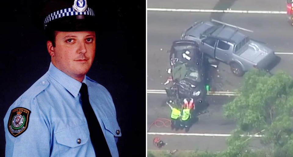 Probationary Constable Timothy Proctor has died after a head-on crash on at Lucas Heights, in Sydney’s south, on Thursday. Source: NSW Police (left) and 7 News (right)