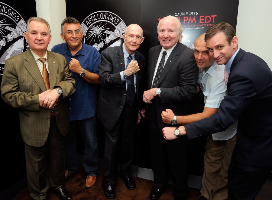 NEW YORK – JULY 16: (L-R) Legendary cosmonaut Valery Kubasov, Vladimir Vaksar, astronaut Lt. General Thomas Stafford, astronaut Vance Brand, Yuriy Lyubeznik and general manager Tourbillon Michael Winston attend the 35th anniversary of the Apollo Soyuz lunch at Tourbillon Boutique on July 16, 2010 in New York City. (Photo by Jemal Countess/Getty Images for OMEGA)