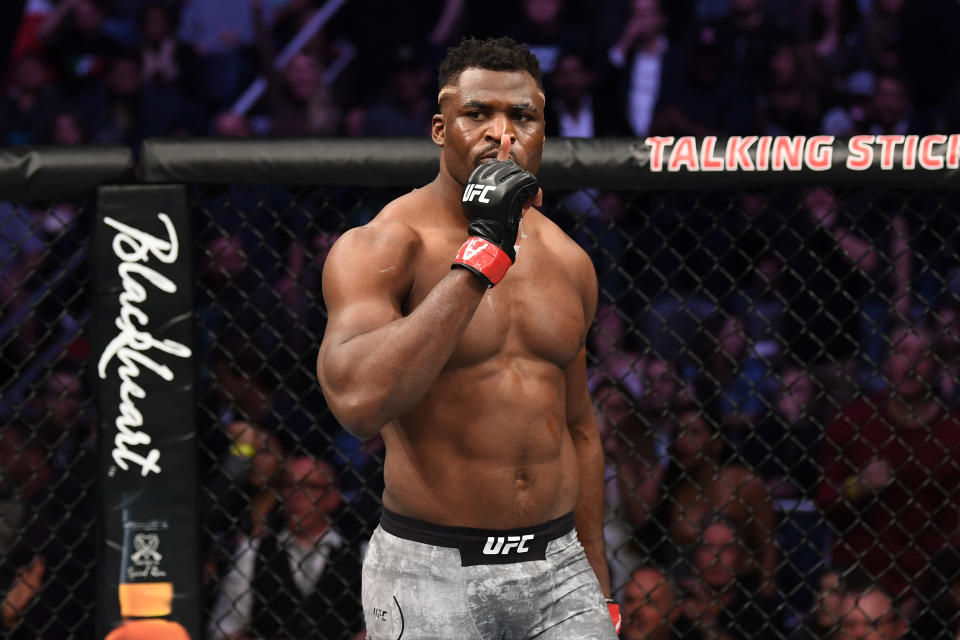 Francis Ngannou celebrates his KO victory over Cain Velasquez in their heavyweight bout during UFC Fight Night at Talking Stick Resort Arena on Feb. 17, 2019 in Phoenix. (Getty Images)