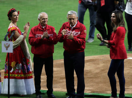 Diablos Rojos Chairman Alfredo Harp Helu, Mexico's President Andres Manuel Lopez Obrador and Ana Gabriela Guevara, Director of the National Commission for Physical Culture and Sport during the opening celebrations of Alfredo Harp Helu Stadium in Mexico City, Mexico March 23, 2019. REUTERS/Henry Romero