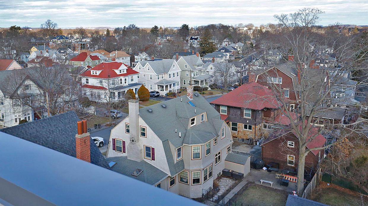 A view of the neighborhood from the roof deck of Stone, a new apartment building in Quincy.