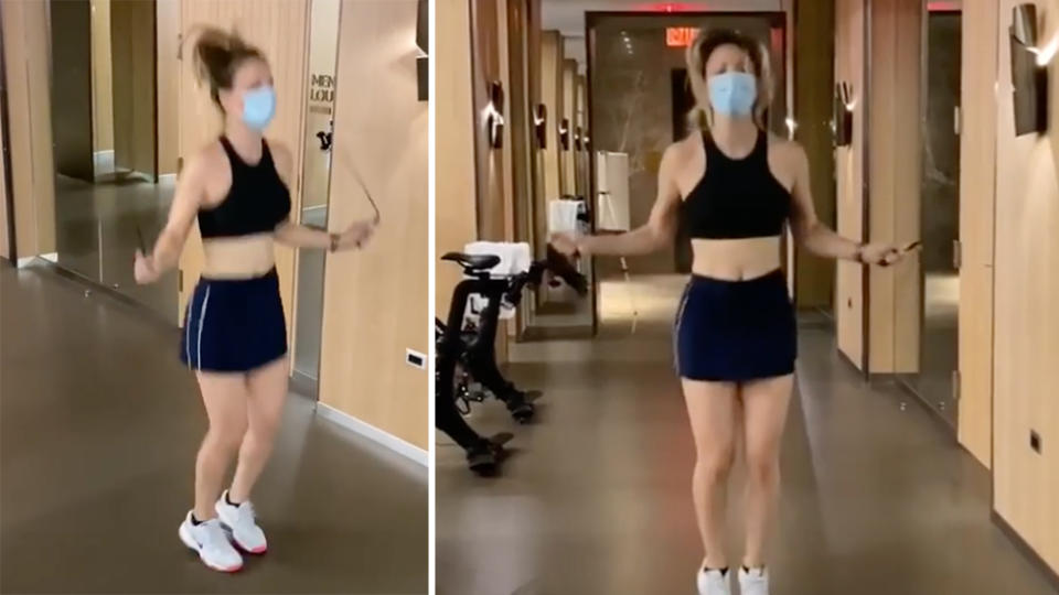 kaley cuoco workout video wearing a mask