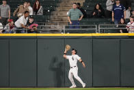 Chicago White Sox outfielder Dominic Fletcher catches a fly out from Kansas City Royals' Bobby Witt Jr. during the fifth inning of a baseball game Monday, April 15, 2024, in Chicago. (AP Photo/Erin Hooley)