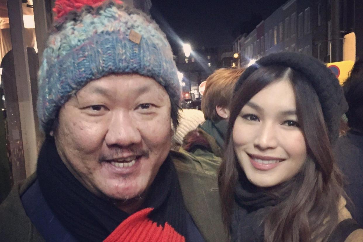 Action: stars Benedict Wong and Gemma Chan at the demo outside The Print Room theatre