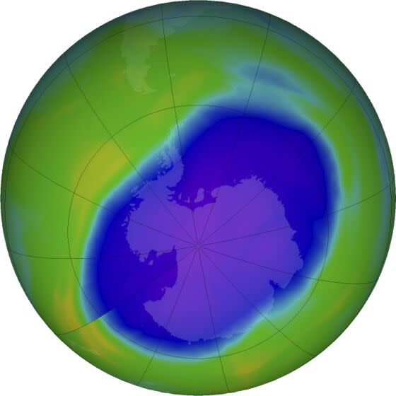 FILE - In this NASA false-color image, the blue and purple shows the hole in Earth's protective ozone layer over Antarctica on Oct. 5, 2022. Earth's protective ozone layer is slowly but noticeably healing at a pace that would fully mend the hole over Antarctica in about 43 years, a new United Nations report says. (NASA via AP, File)