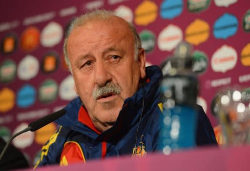 Spanish headcoach Vicente Del Bosque takes part in a press conference in Gdansk on the eve of their Euro 2012 football championships against Italy. He and players Iker Casillas and Andres Iniesta said Saturday a potentially damaging rift between the team's Barcelona and Real Madrid players is a thing of the past