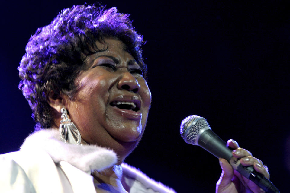 FILE - In this Nov. 21, 2008 file photo, Aretha Franklin performs at the House of Blues in Los Angeles. Franklin died Thursday, Aug. 16, 2018 at her home in Detroit. She was 76. (AP Photo/Shea Walsh, file)