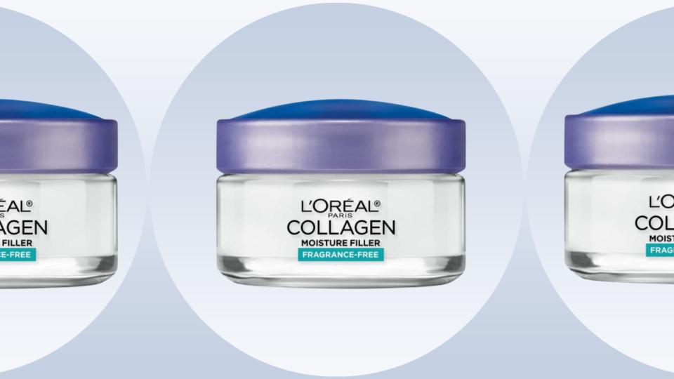 Three tubs of the collagen cream on a blue background. 