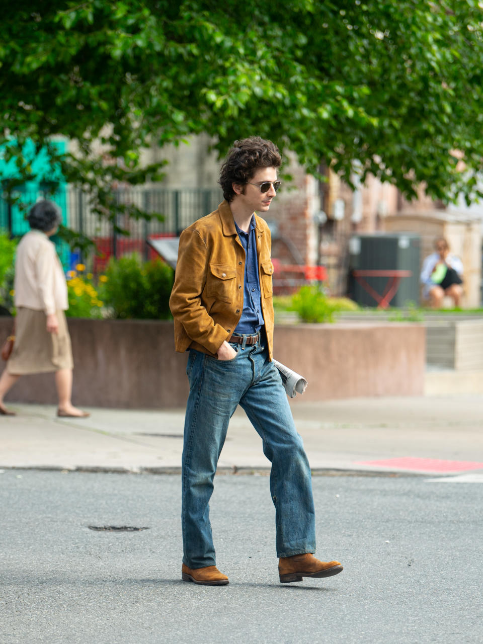 HOBOKEN, NJ - JUNE 10: Timothee Chalamet is seen on the movie set of "A Complete Unknown" on June 10, 2024 in Hoboken, New Jersey.  (Photo by DAMEBK/Bauer-Griffin/GC Images)