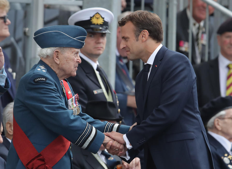 French President Emmanuel Macron meets veterans after his speech during the commemorations for the 75th Anniversary of the D-Day landings at Southsea Common in Portsmouth.