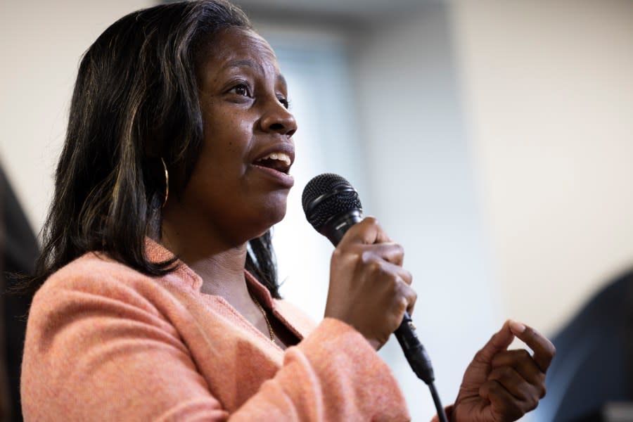 Candidate for Pennsylvania Superior Court Judge Timika Lane speaks at a women’s organizing event and canvass launch hosted by the Montgomery County Democratic Committee in Norristown, Pa. Saturday, Sept. 30, 2023. (AP Photo/Ryan Collerd)