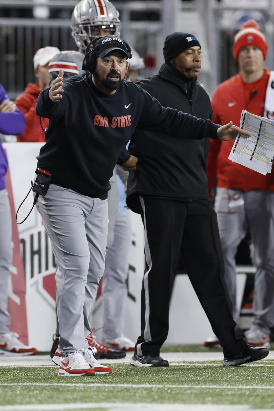 Ohio State coach Ryan Day shouts to the team during the first half of the team's NCAA college football game against Michigan State on Saturday, Nov. 11, 2023, in Columbus, Ohio. (AP Photo/Jay LaPrete)