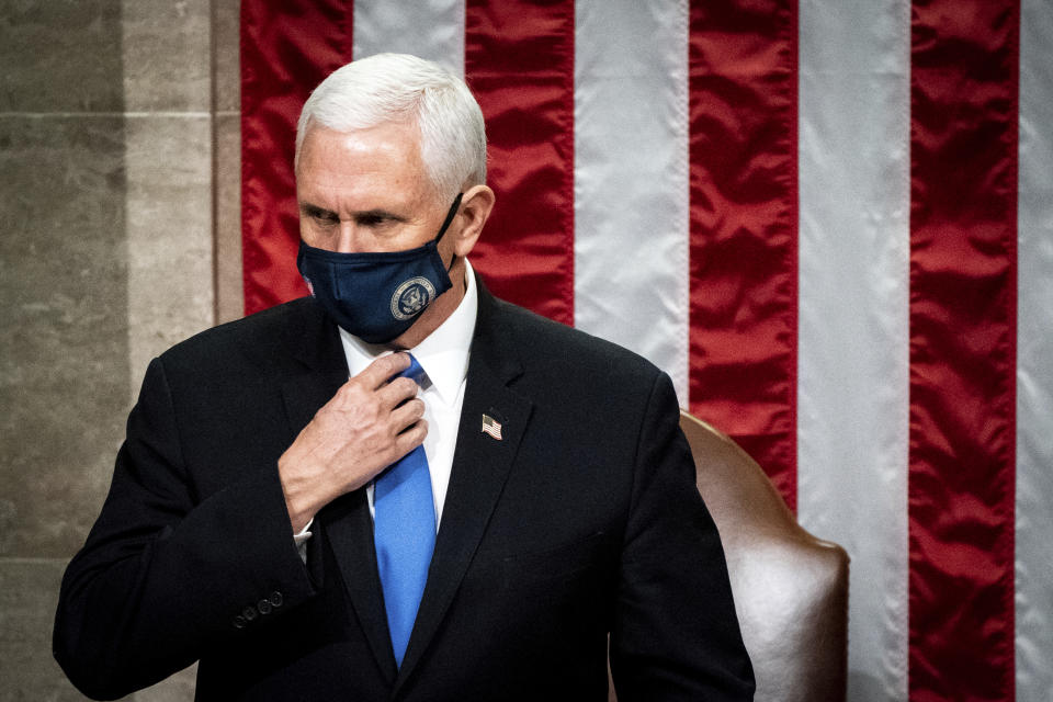 Vice President Mike Pence officiates as a joint session of the House and Senate reconvenes to confirm the Electoral College votes at the Capitol, Wednesday, Jan 6, 2021. (Erin Schaff/The New York Times via AP, Pool)