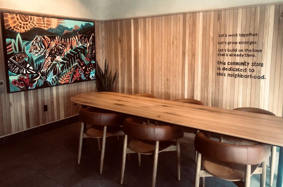A mural by Springfield-based painter Sarah Rasul hangs on display in the new Starbucks Community Store located at 2817 N. Kansas Expressway.