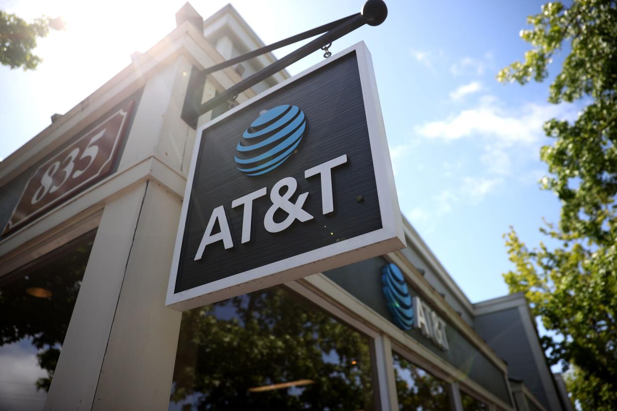 A sign is posted in front of an AT&T retails store on May 17, 2021 in San Rafael, California.