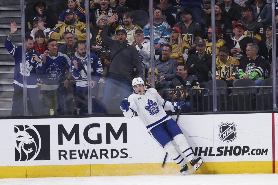 Toronto Maple Leafs right wing Pontus Holmberg (29) celebrates after scoring a goal against the Vegas Golden Knights during the second period of an NHL hockey game Thursday, Feb. 22, 2024, in Las Vegas. (AP Photo/Ian Maule)