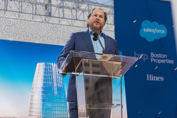 Salesforce chairman and Co-CEO Marc Benioff presenting at an event.