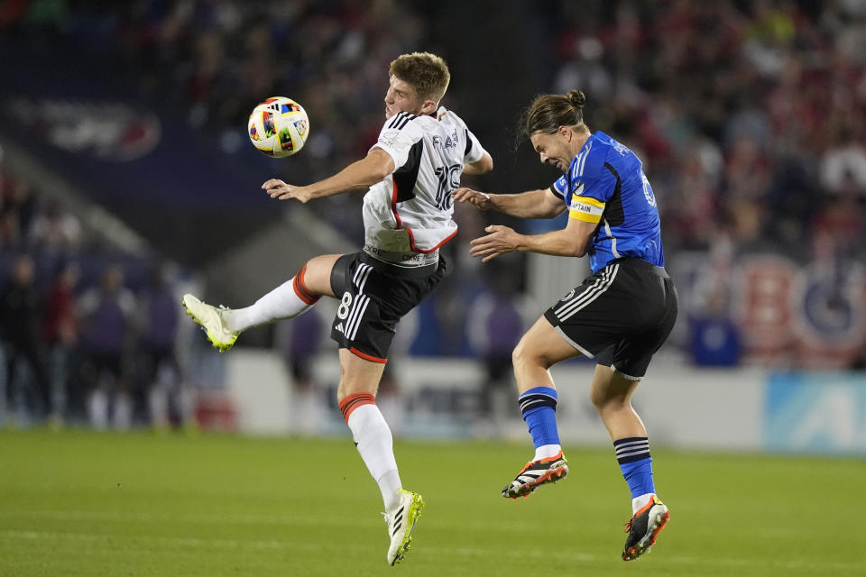 FC Dallas midfielder Liam Fraser, left, and CF Montreal midfielder Samuel Piette, right, jump for the ball during the second half of an MLS soccer match Saturday, March 2, 2024, in Frisco, Texas. (AP Photo/LM Otero)