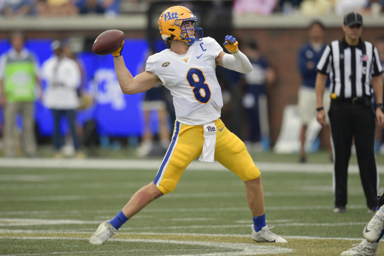 Pittsburgh quarterback Kenny Pickett (8) works against Georgia Tech during the first half of an NCAA college football game, Saturday, Oct. 2, 2021, in Atlanta. (AP Photo/Mike Stewart)