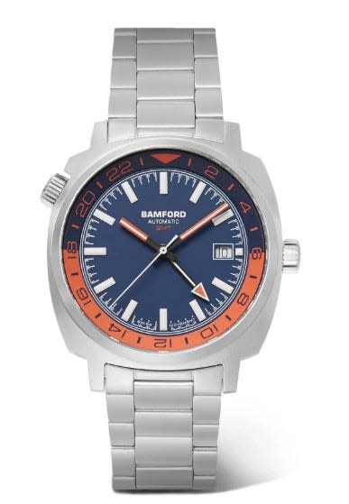 <p>GMT </p><p><a class="link " href="https://www.jurawatches.co.uk/products/bamford-watch-gmt-automatic-gmt-ss-or-blu" rel="nofollow noopener" target="_blank" data-ylk="slk:SHOP;elm:context_link;itc:0;sec:content-canvas">SHOP</a></p><p>A handsome automatic steel watch inspired 'by travel', from independent London watchmaker George Bamford. His eye for detail has led to work with big name watch brands including Tag Heuer and Zenith, but Bamford's own line is always worth your time. Designed with a bold blue and orange dial, the GMT hand function lets you simultaneously view the time in two different zones.</p><p>£1,100; <a href="https://www.jurawatches.co.uk/products/bamford-watch-gmt-automatic-gmt-ss-or-blu" rel="nofollow noopener" target="_blank" data-ylk="slk:jurawatches.co.uk;elm:context_link;itc:0;sec:content-canvas" class="link ">jurawatches.co.uk</a><br></p>