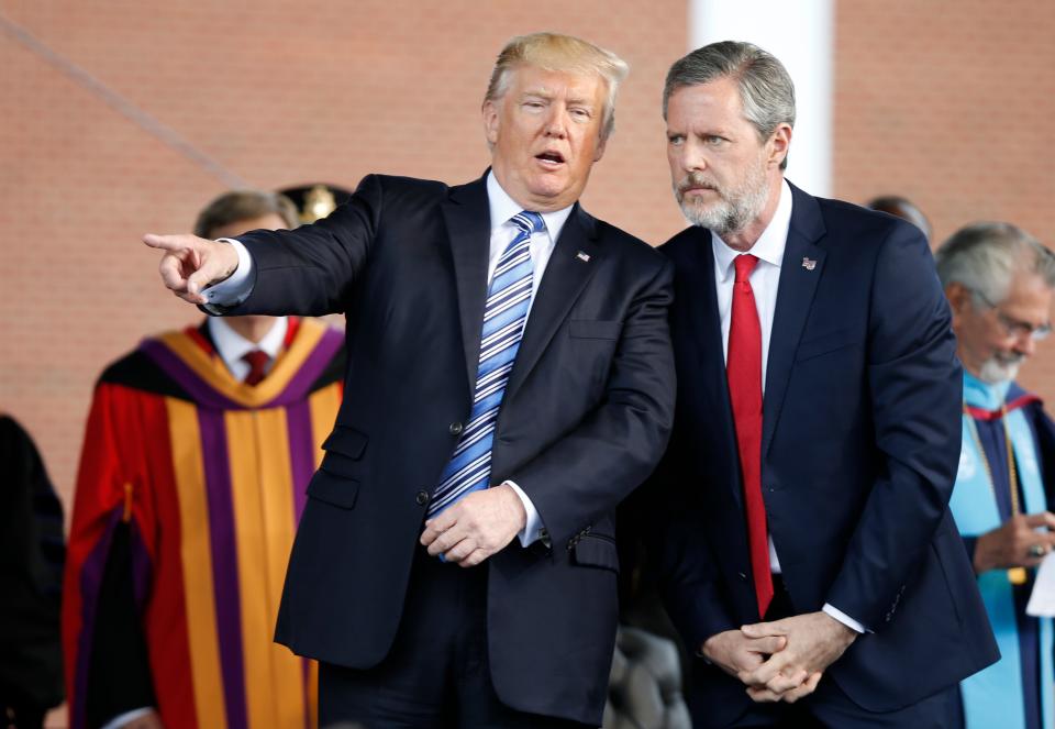 President Donald Trump and Liberty University President Jerry Falwell Jr. during commencement proceedings on May 13, 2017.