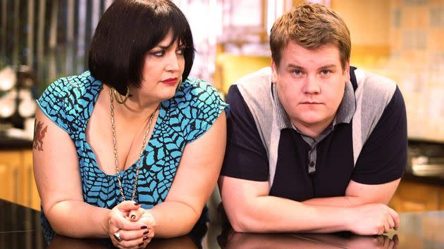 Ruth Jones and James Corden in character as Nessa and Smithy (Photo: BBC)