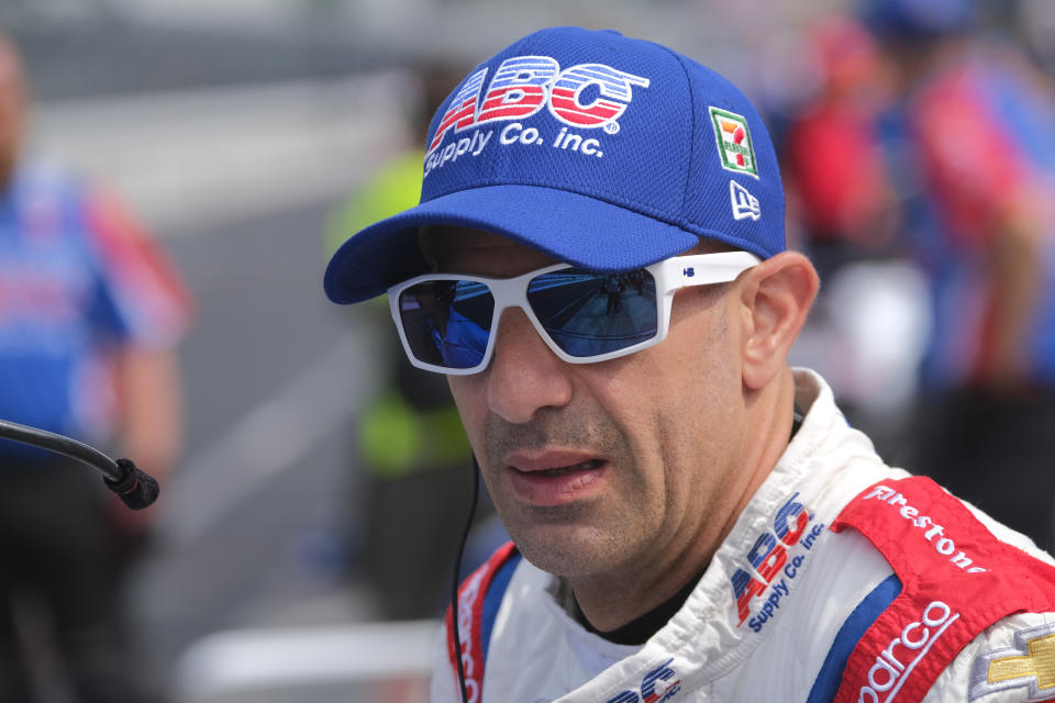 Tony Kanaan, of Brazil, waits for the start of the final practice session for the Indianapolis 500 IndyCar auto race at Indianapolis Motor Speedway, Friday, May 24, 2019, in Indianapolis. (AP Photo/AJ Mast)