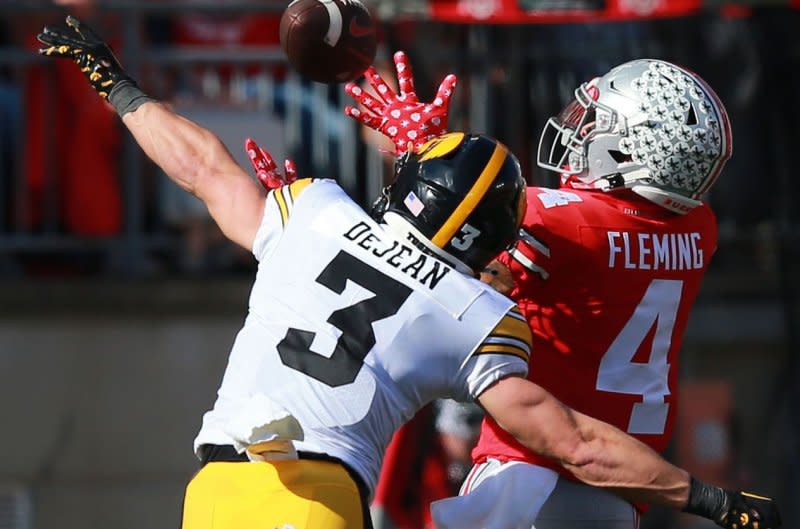 Former Iowa Hawkeyes cornerback Cooper DeJean (L) broke his leg during his final collegiate season. File Photo by Aaron Josefczyk/UPI