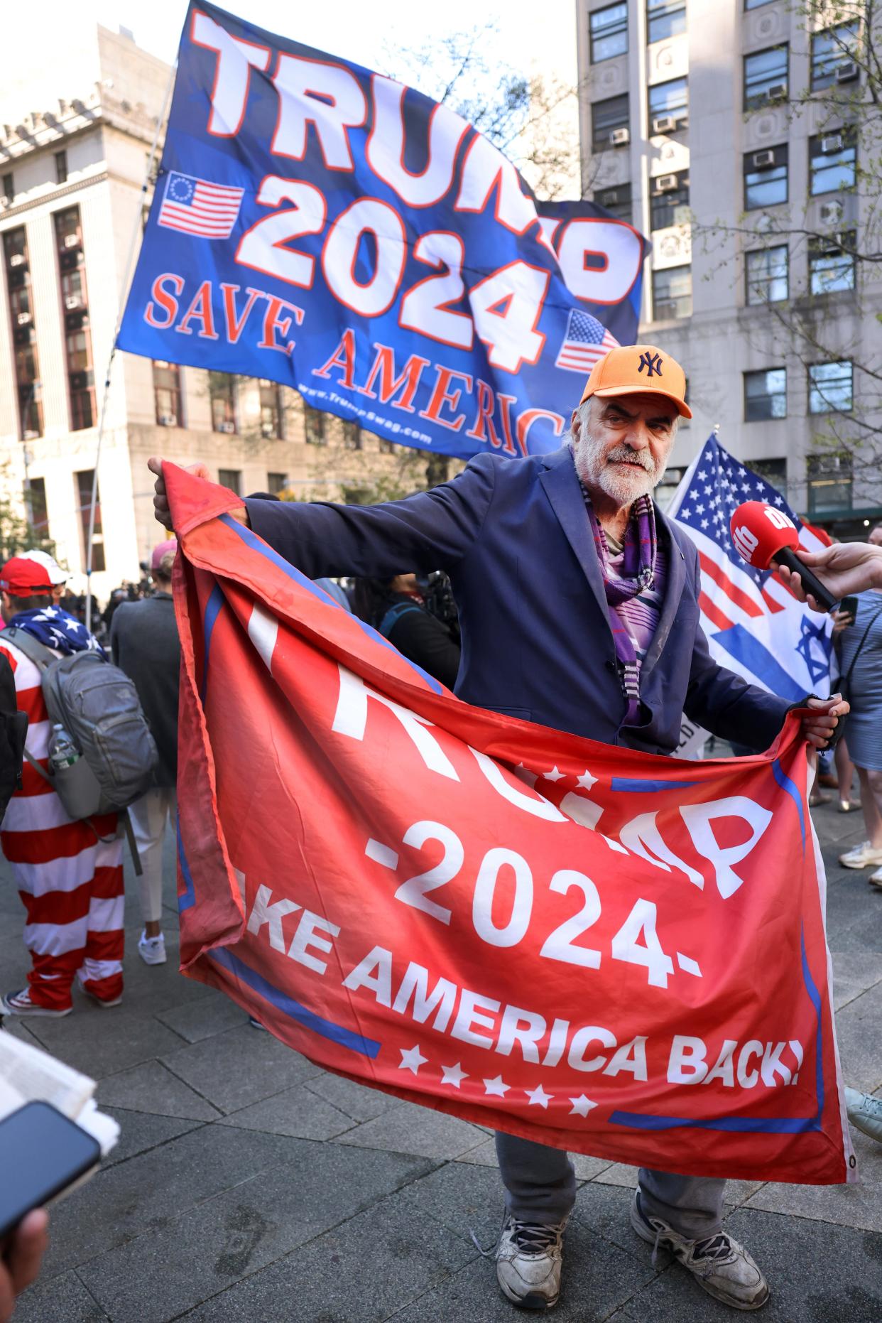 Trump supporter Gary Phaneuf rallies outside of the New York State Supreme Court during the arrival of former President Donald Trump on April 15, 2024 in New York City.