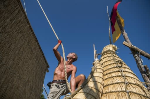 The construction was carried out with the help of volunteers and two members of the Aymara indigenous community from Bolivia's Lake Titicaca, Fermin Limachi and his son Yuri