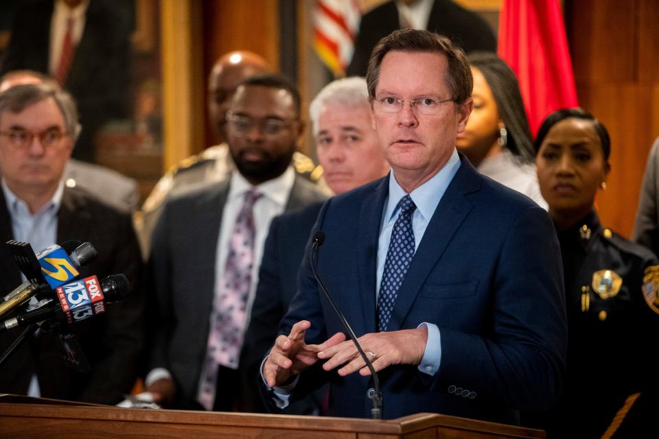 Tennessee House Speaker Cameron Sexton speaks during a press conference where Sexton announced plans to introduce a bill that would amend the state constitution and allow judges to not set bail for a wider variety of violent charges at Memphis City Hall on Friday, January 26, 2024.