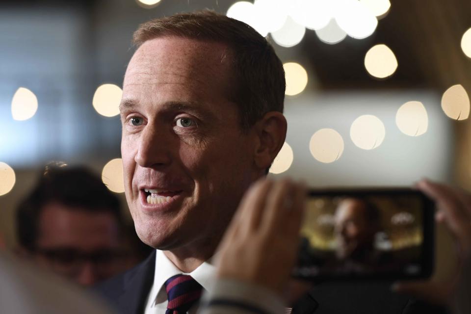 Rep. Ted Budd answers questions from the media at his election party in Bermuda Run, N.C. 