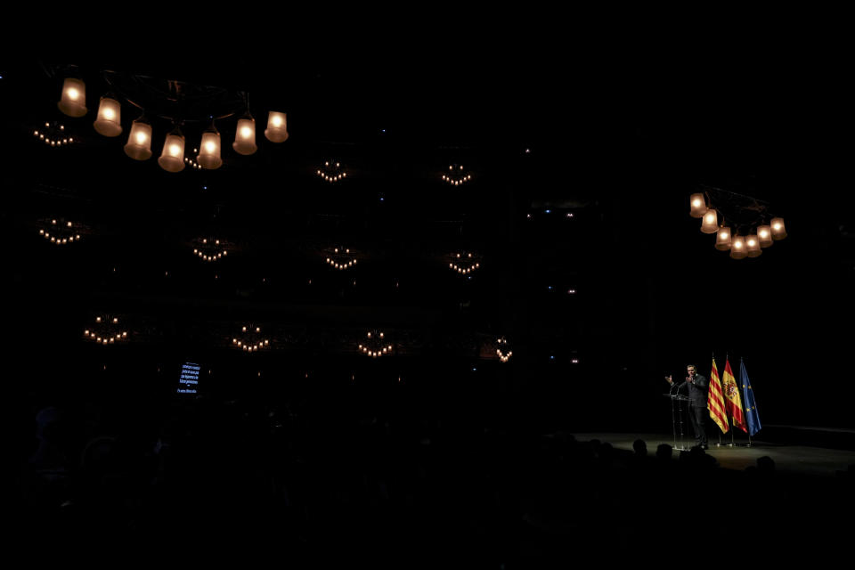 Spain's prime minister Pedro Sanchez delivers a speech at the Gran Teatre del Liceu in Barcelona, Spain, Monday, June 21, 2021. Sanchez's speech on Monday is being regarded as laying the ground for the pardons that his left-wing ruling coalition plans to grant to imprisoned separatist politicians and activists who went against Spanish laws to hold an independence referendum more than three years ago. (AP Photo/Emilio Morenatti)